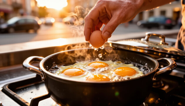 A man cracks an egg above a pan, adding to the eggs already cooking in the hot pan. a vibrant sunset in the background, enhancing the cooking activity.