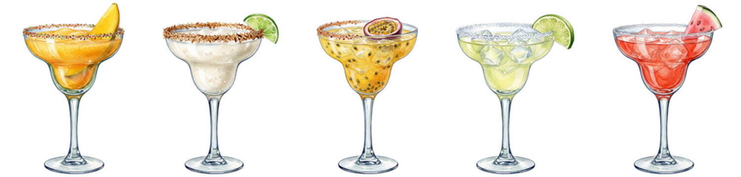 isolated watercolor illustration of a collection of five margarita cocktails featuring mango, coconut, passion fruit classic lime and watermelon flavors on a transparent background