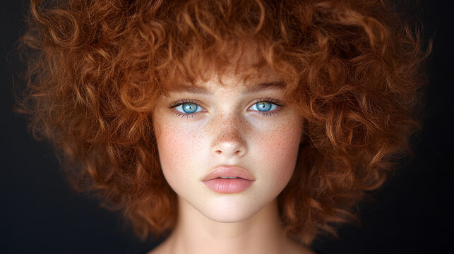 Red curly afro woman close up, Fair skinned female model with blue eyes, Dramatic beauty portrait, Voluminous hair texture, Dark background