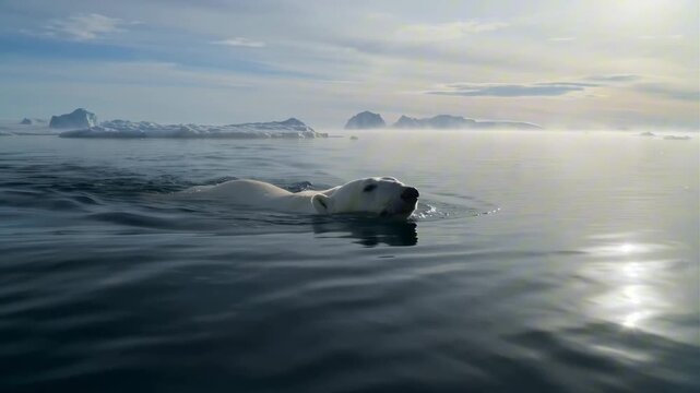 A realistic polar bear paddling near ice floes cold Arctic ocean, head above water, icy mist air, reflections water, cinematic wide-angle shot fur textures, natural lighting, wildlife stock video
