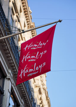 London, United Kingdom - May 20, 2023: Hamleys flag hanging at their Regent Street site. It is well known toy retailer founded in 1760