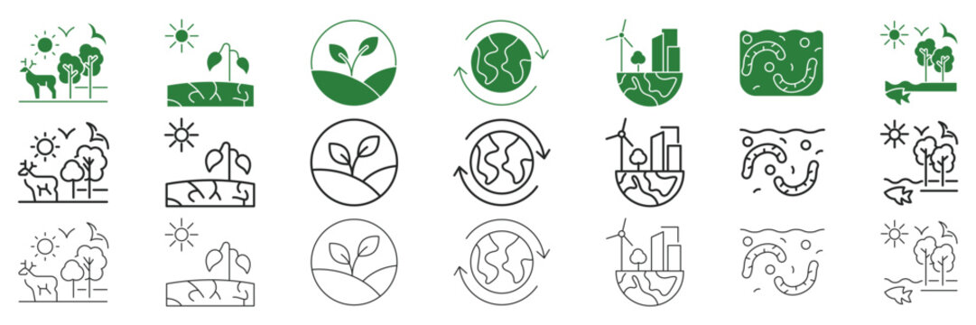 Sustainability ecosystem and renewable environment web line and solid icon set with forest, plant, earth recycle, wind energy, biodiversity and ecology symbol. Editable stroke