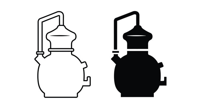 Two depictions of a traditional alembic still contrasting forms silhouette