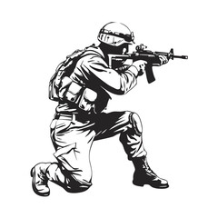 Obraz premium A focused military soldier in tactical gear kneels and aims a high power assault rifle