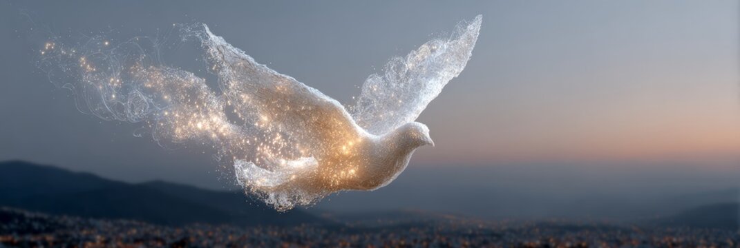 Glowing dove made of light flying over city symbolizing peace and hope