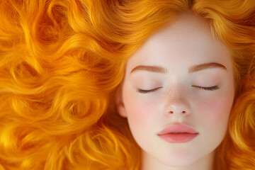 Naklejka premium Beauty portrait woman with vibrant orange hair, Closed Eyes Face, Smooth Skin Glow, Soft Lighting Close Up, Feminine Aesthetic, Voluminous Hair Texture, Dreamy Makeup Look