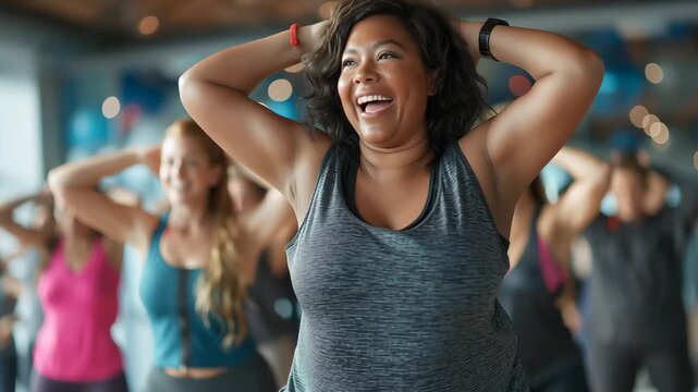 Happy plus size woman exercising in fitness class with group in gym promoting active lifestyle, wellness, and positive energy