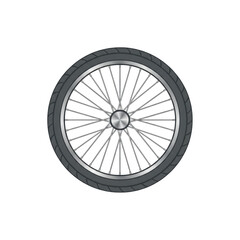 Fototapeta premium Minimalist vector graphic of a bicycle wheel with dark grey tire and metallic silver spokes arranged in a perfect symmetrical pattern on white background precision