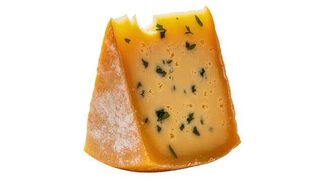 Savory orange cheese wedge with green herbs and a bite taken out, isolated on transparent background, gourmet dairy product PNG