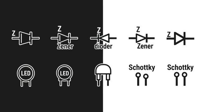 Electronic component symbols for diodes and LEDs.