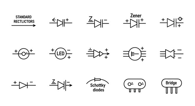 A collection of various diode circuit symbols.
