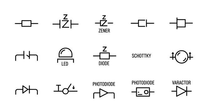 Electronic component symbols and icons.