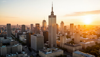 Naklejka premium The city skyline showcases tall buildings at sunset, highlighting architectural designs. The vibrant colors of sunset reflect off the buildings and sky.