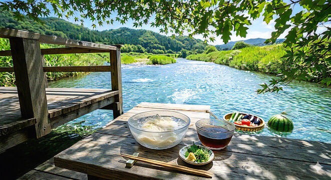 清流の川辺で楽しむ流しそうめんの風景