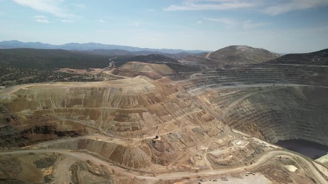 Aerial of copper mining area in New Mexico near Silver City in mountains