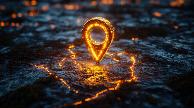 Glowing location pin on fiery volcanic landscape