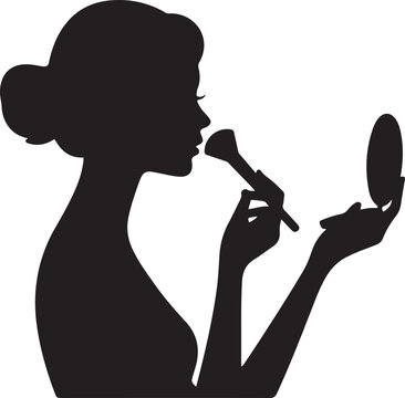 Black silhouette of a woman applying makeup side profile view holding a makeup brush near her face and a small mirror in her other hand. black icon drawing vector