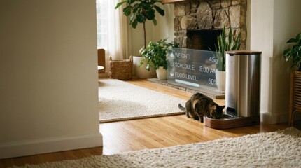 Futuristic cat feeding station with digital data for food weight and schedule.