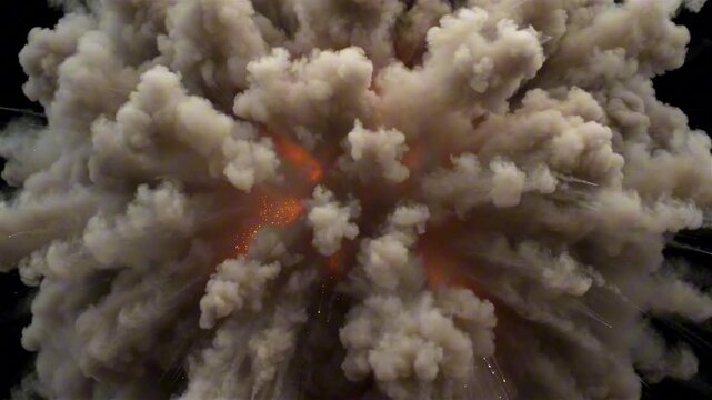 Medium-sized TNT explosion on pure black background, realistic physics, layered smoke rings expanding sequence, dynamic dust puffs rising sparks flying outward, volumetric lighting enhancing smoke