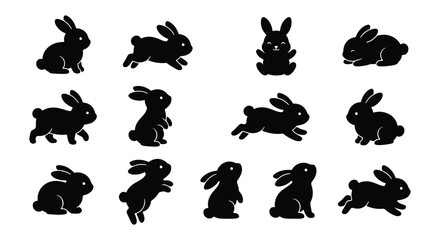 Rabbit silhouette vector set, 13 black bunny icons in various poses, cute jumping and sitting hare collection for Easter design and nature graphics © MD