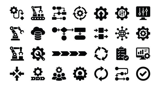 Industrial automation and workflow optimization icons, set of 28 black solid vector symbols for manufacturing process and business management