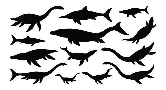 Prehistoric marine reptile silhouettes, ancient sea monster dinosaur vector set, 12 aquatic predator icons for educational science graphics