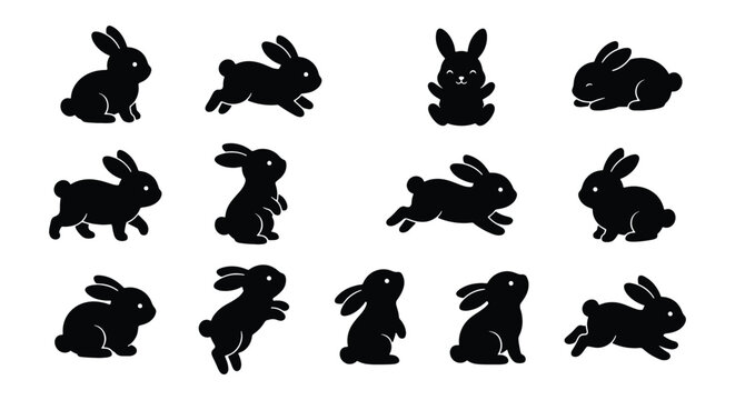 Rabbit silhouette vector set, 13 black bunny icons in various poses, cute jumping and sitting hare collection for Easter design and nature graphics