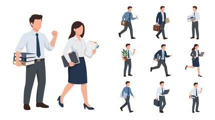 Obraz premium A collection of diverse business professionals in various poses and carrying office-related items, illustrating a dynamic work environment.