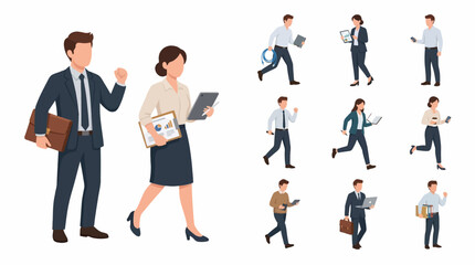Obraz premium A collection of diverse business professionals in various poses and actions, showcasing a dynamic work environment.