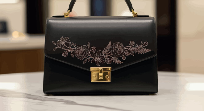 Elegant black leather handbag featuring beautiful intricate floral line art engravings and a polished gold metallic clasp closure sitting on a clean white marble counter top