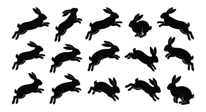 Black rabbit silhouette collection, 15 jumping hare vector elements, running bunny icons set, minimalist animal shapes for Easter design