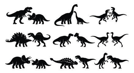 Dinosaur silhouette collection with 18 prehistoric animal icons, black vector dino shapes including T-Rex and Triceratops, ancient reptile wildlife set © MD