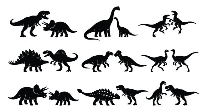 Dinosaur silhouette collection with 18 prehistoric animal icons, black vector dino shapes including T-Rex and Triceratops, ancient reptile wildlife set