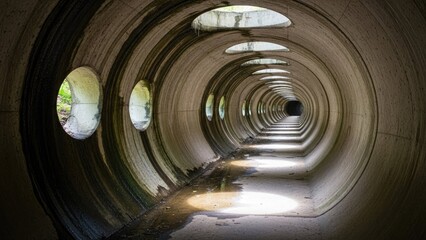 Fototapeta premium A long, dimly lit concrete tunnel with circular openings and a reflective floor
