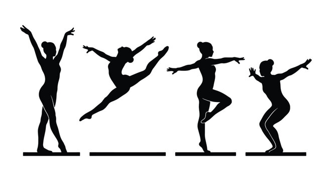 Gymnastics silhouette vector set, female gymnast performing athletic floor routine poses, rhythmic gymnastics silhouettes for sports branding