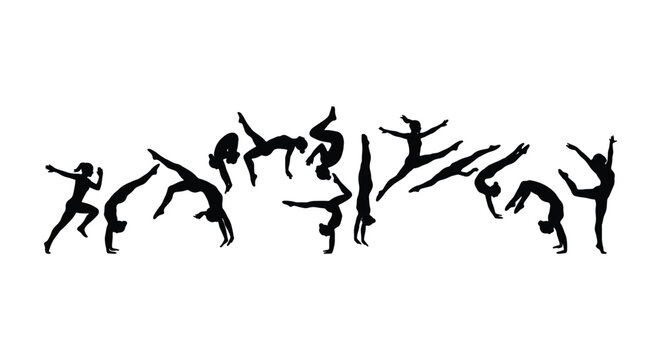 Gymnastics silhouette collection of 14 female athletes, acrobatic tumbling and floor exercise poses, black vector figures on white background