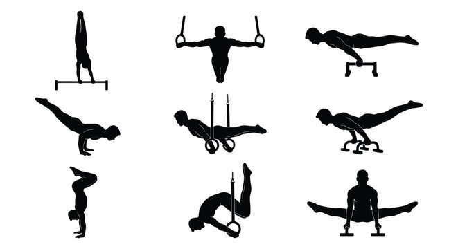 Calisthenics athlete silhouettes set, 9 gymnastics bodyweight exercise icons, male gymnast performing strength poses on rings and parallel bars