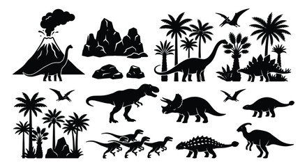Prehistoric dinosaur silhouette collection, black vector icons of jurassic animals and volcano, ancient wildlife set with palm trees and pterodactyls © MD