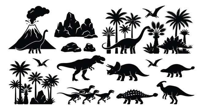 Prehistoric dinosaur silhouette collection, black vector icons of jurassic animals and volcano, ancient wildlife set with palm trees and pterodactyls