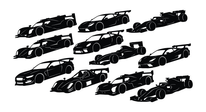 Racing car silhouette collection, 11 professional motorsport vehicle vectors, black formula and endurance race car icons for automotive design