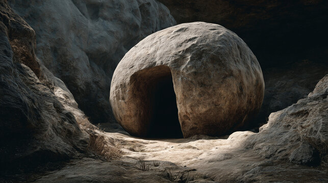 Massive Round Stone Structure at Dark Cave Entrance for Ancient History Archeology and Digital Security Data Vault Concept