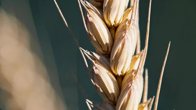 Close-up of wheat grain in field. Wheat spikes show ripeness and golden color. Agricultural growth symbolizes harvest season and natural beauty. Wheat represents food security and sustainability.