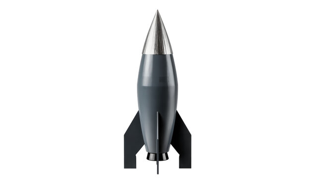 Dark grey rocket with silver tip and black fins, isolated on transparent background