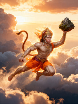 Hanuman Ji Flying with sanjevani Over the Vast Ocean, Heading towards Ram