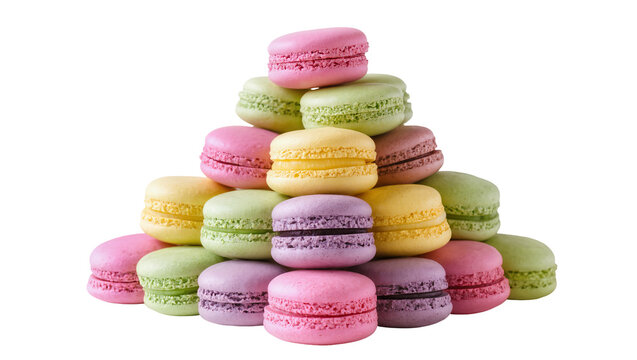 Stack of colorful French macarons, isolated on transparent background