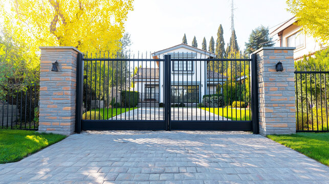 Modern home standing behind closed black metal gates and brick pillars, offering security for a private residence