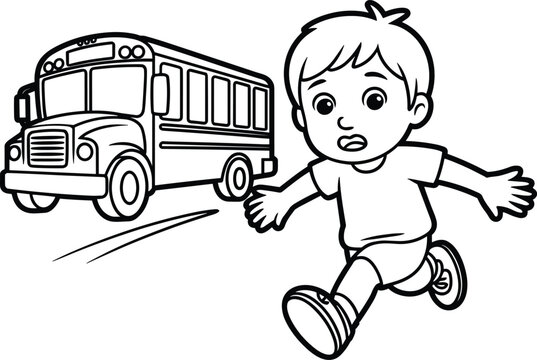 Kid running after school bus cartoon illustration late for school concept