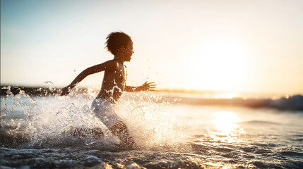 Fototapeta premium Child happily runs and splashes through warm ocean water with enthusiasm, illuminated by the vibrant golden light of sunset