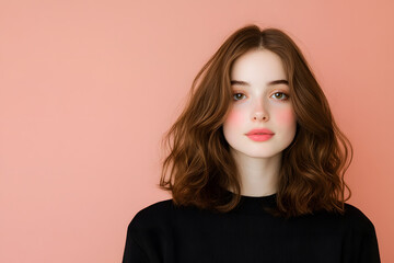 Fototapeta premium Wavy brunette portrait, White woman model, Shoulder length hairstyle, Black top fashion look, Pink studio background, Minimal beauty composition, Natural makeup concept