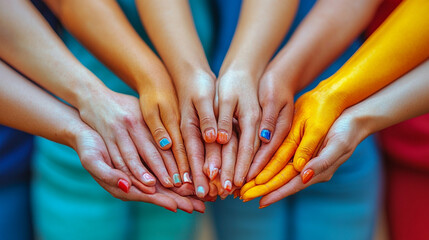 Fototapeta premium Hands of diverse people, painted in colors, together, blurred background